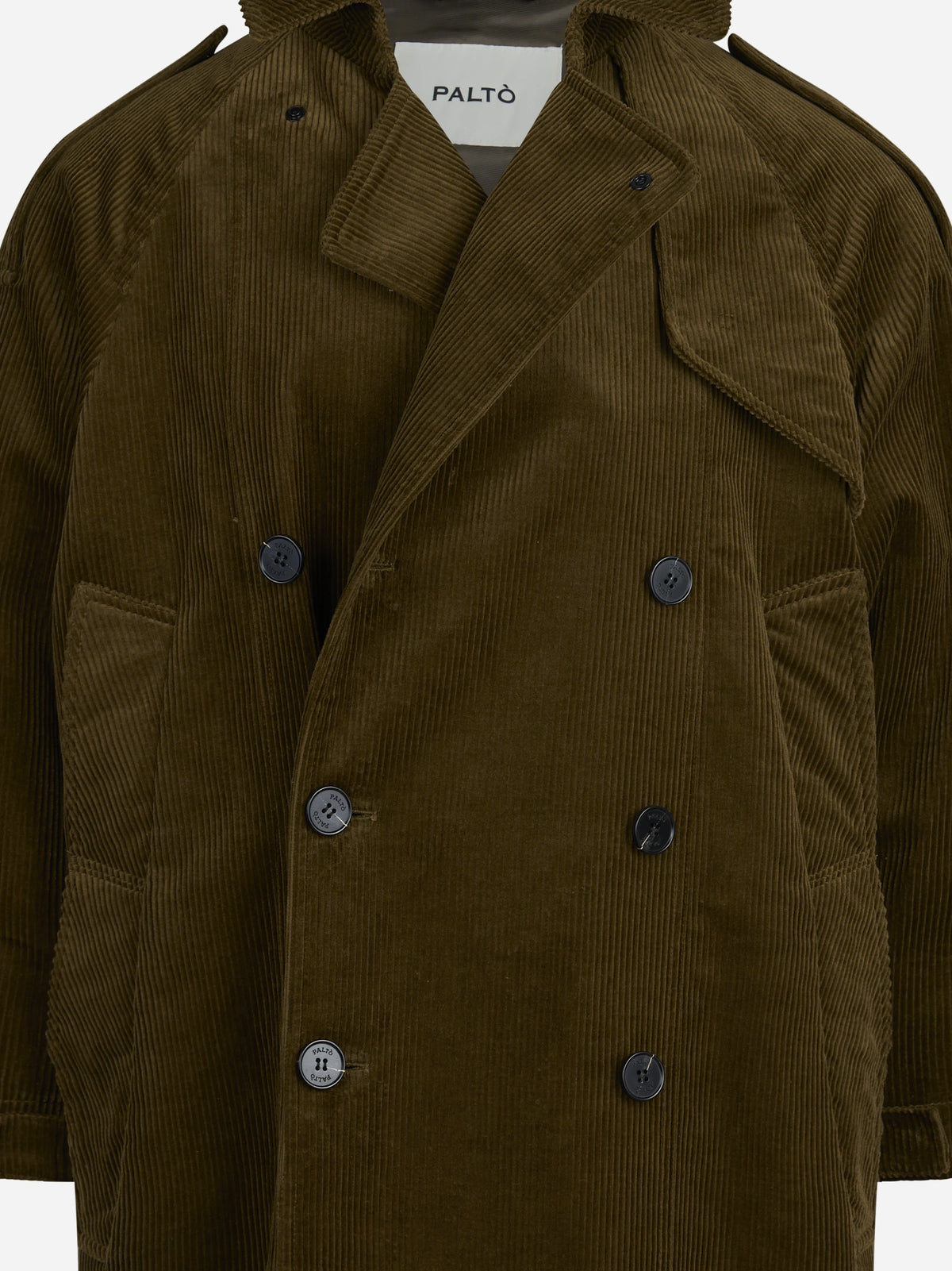 Cappotto Luca P doppiopetto in velluto verde - dettaglio del prodotto