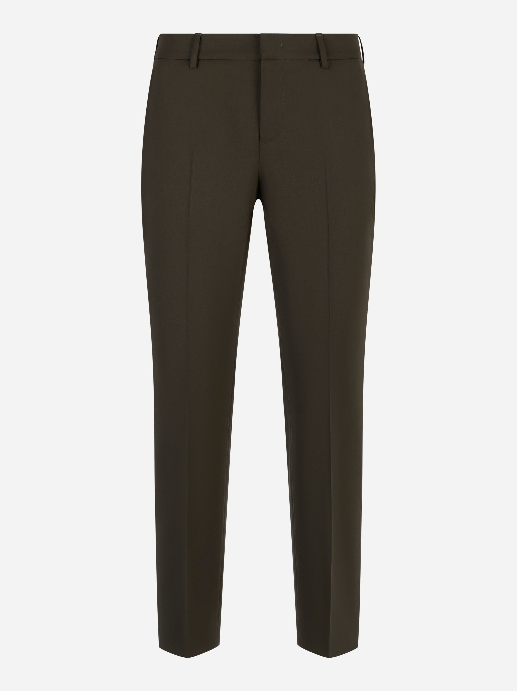 Pantalone in batavia di lana marrone con piega frontale PT Torino vista frontale