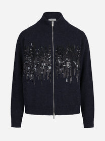 Cardigan con zip e paillettes blu - vista frontale