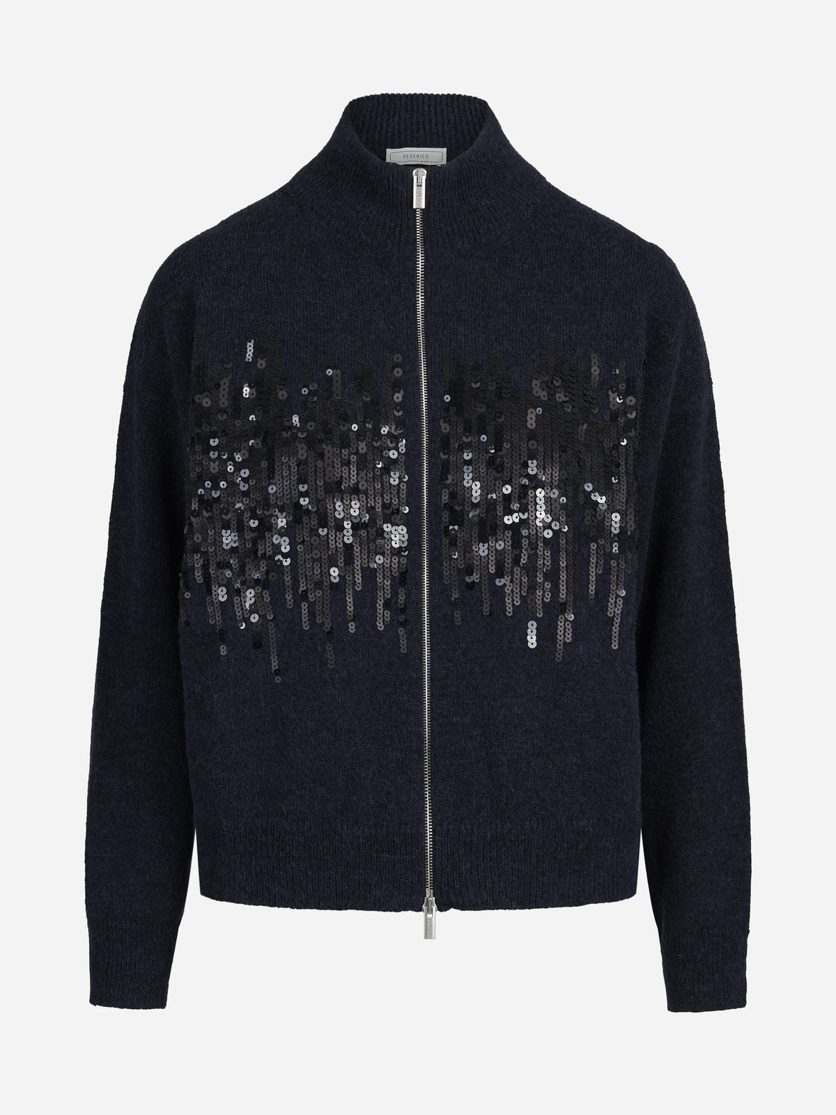 Cardigan con zip e paillettes blu - vista frontale
