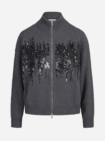 Cardigan con zip e paillettes grigio - vista frontale