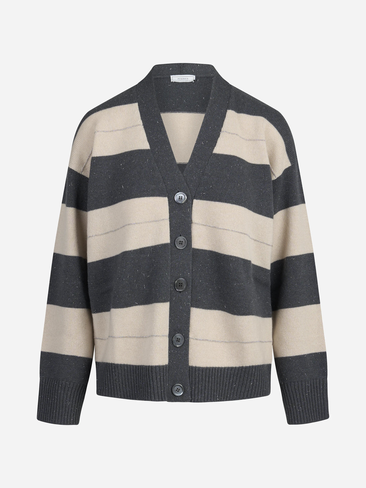 Cardigan a righe in cashmere beige e grigio - vista frontale