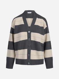 Cardigan a righe in cashmere beige e grigio - vista frontale