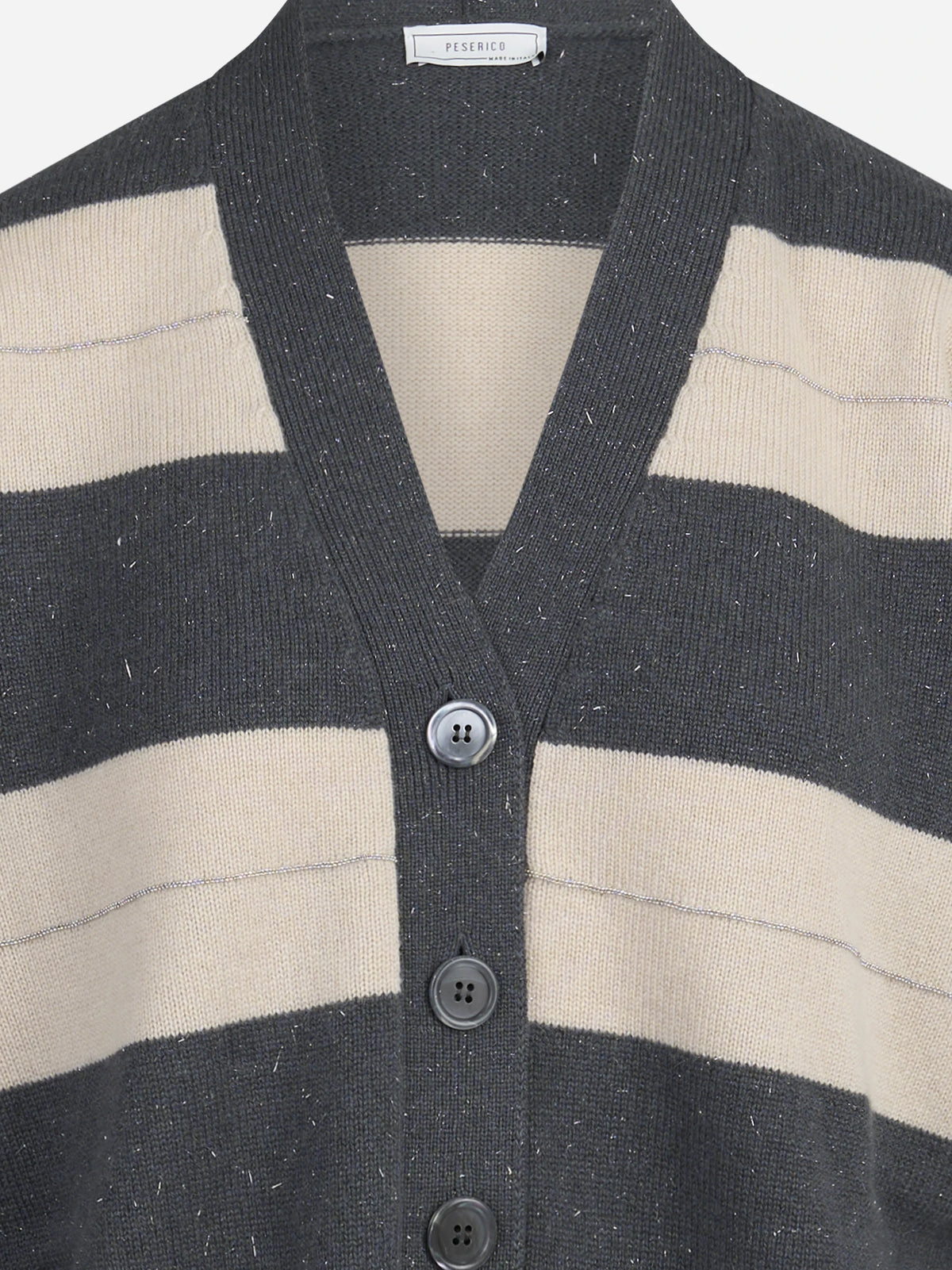 Cardigan a righe in cashmere beige e grigio - dettaglio del prodotto
