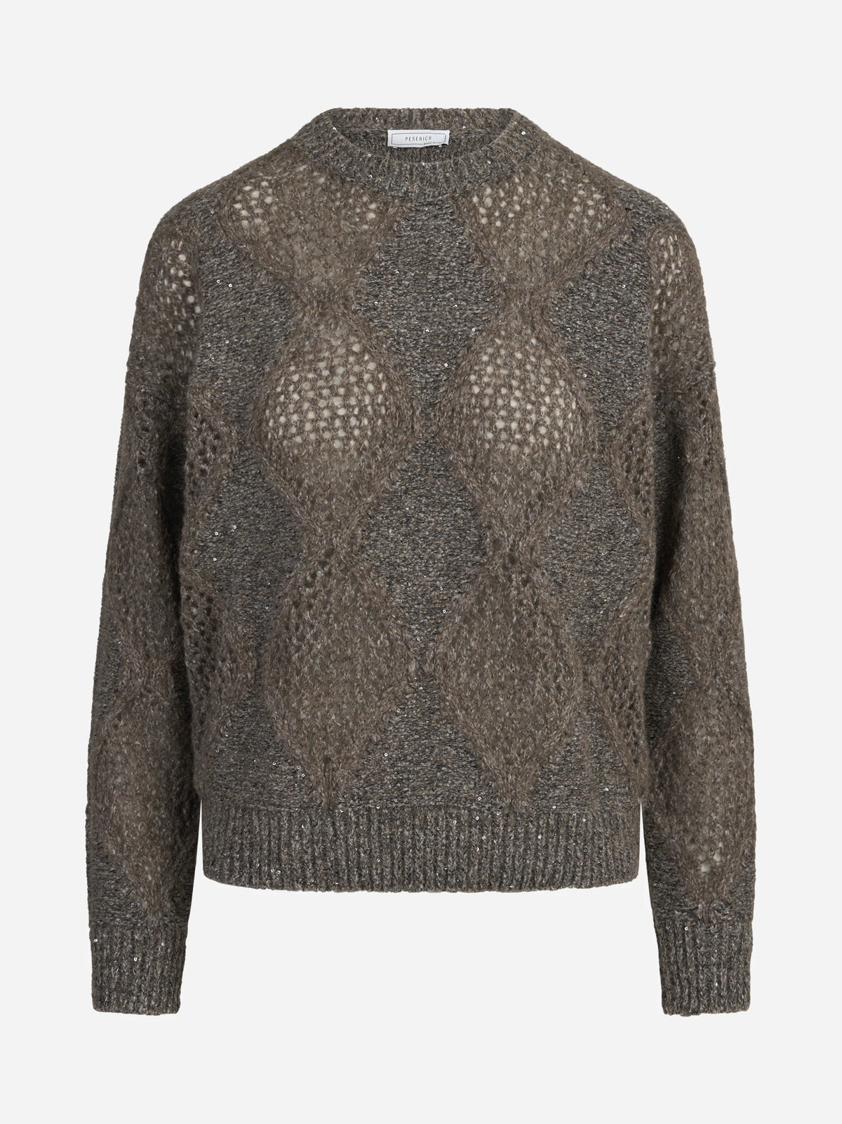 Maglia traforata a rombi in misto alpaca marrone - vista frontale