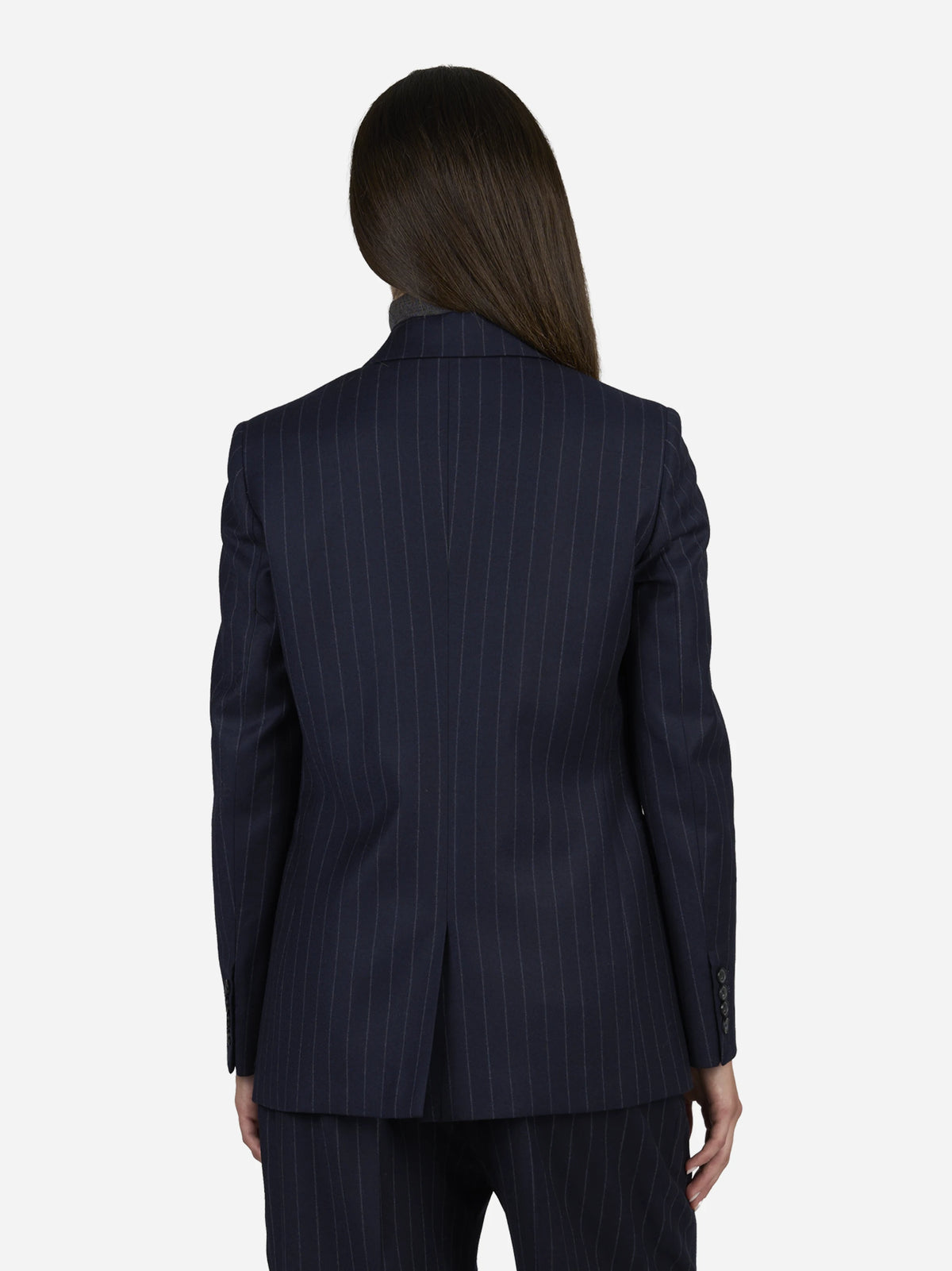 Blazer monopetto gessato blu - indossato, vista posteriore