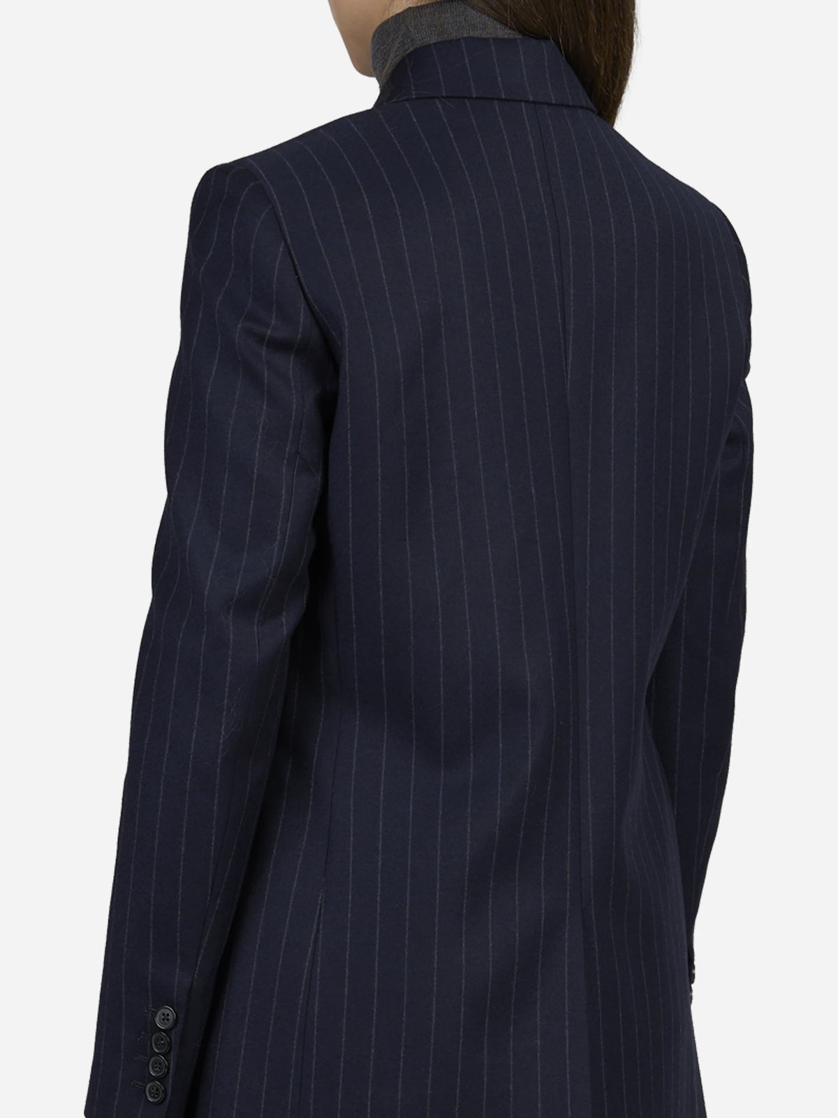 Blazer monopetto gessato blu - indossato, dettaglio prodotto