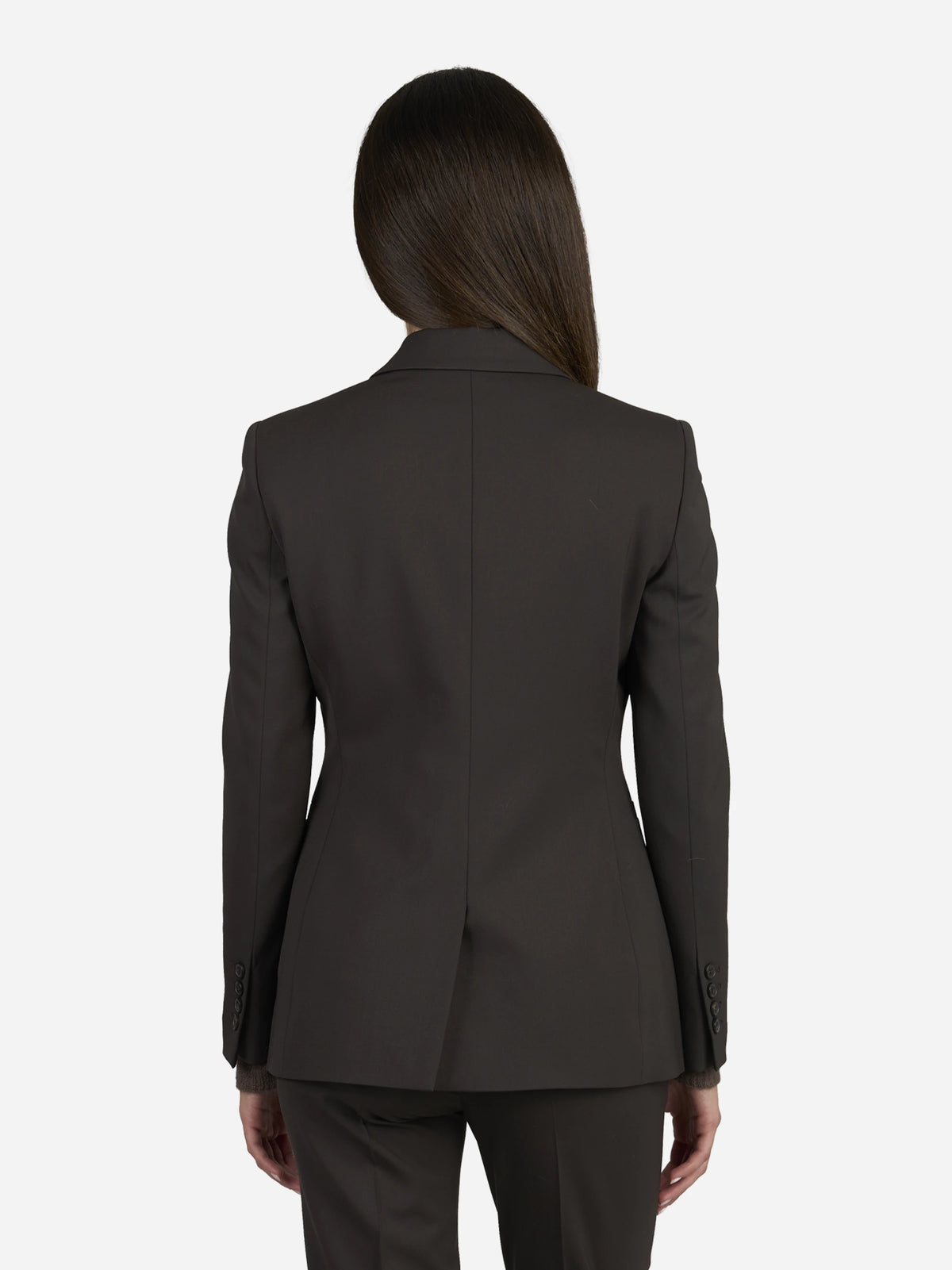 Blazer doppiopetto in lana stretch marrone - indossato, vista posteriore