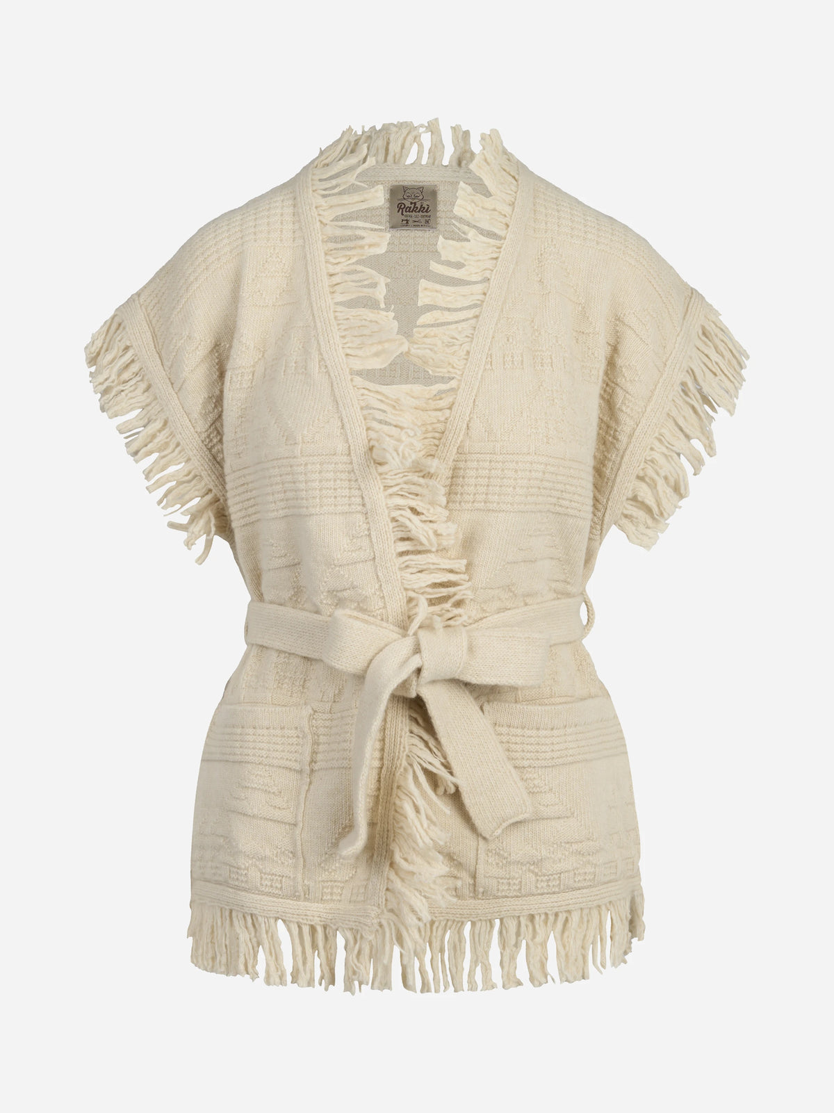 Gilet lungo JB con frange e cintura avorio RAKKÌ - vista frontale