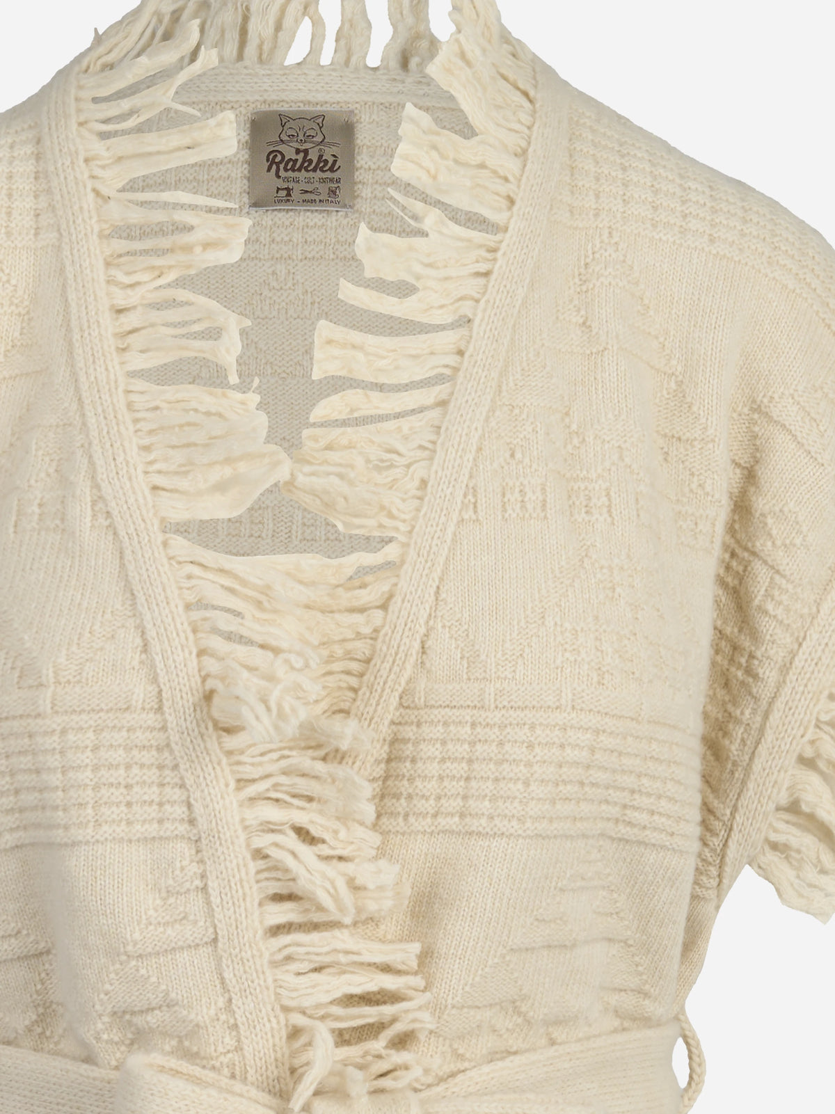Gilet lungo JB con frange e cintura avorio RAKKÌ - dettaglio