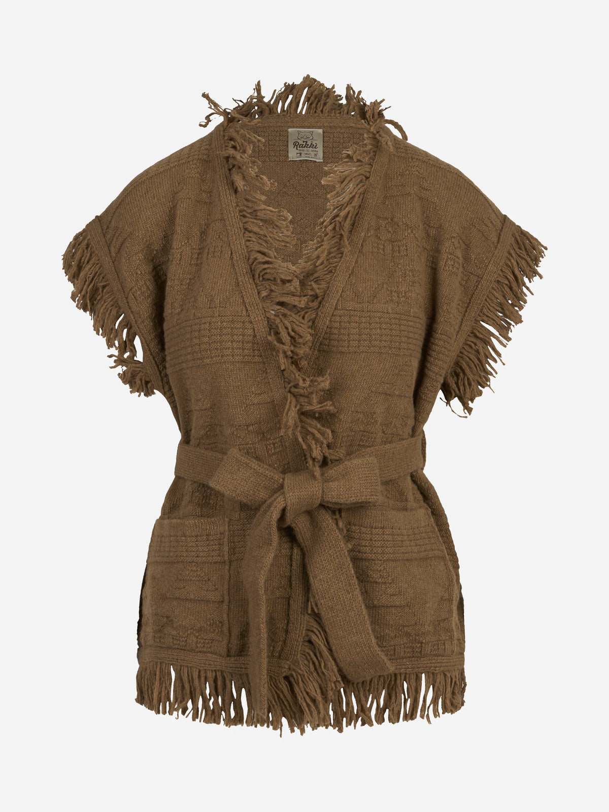 Gilet lungo JB con frange e cintura tabacco RAKKÌ - vista frontale