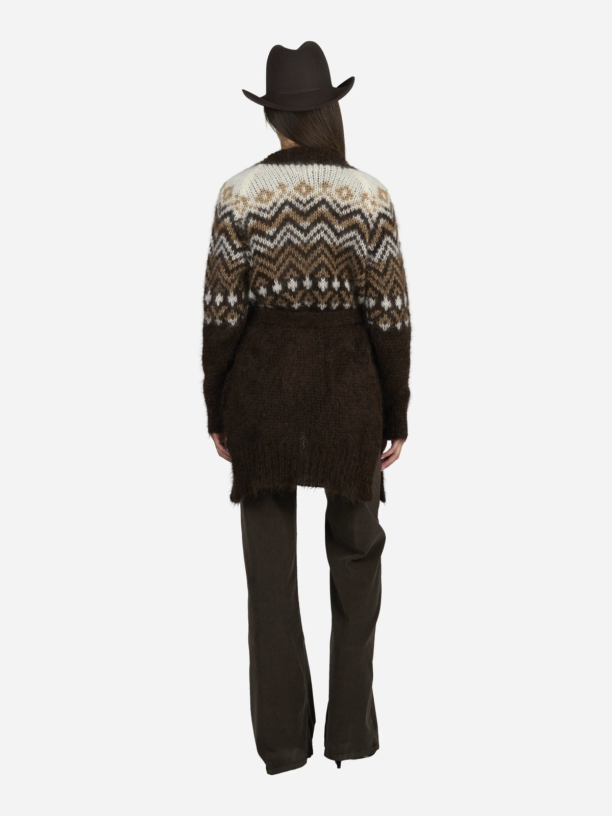 Cardigan Jane in lana jacquard cioccolato - indossato, vista posteriore