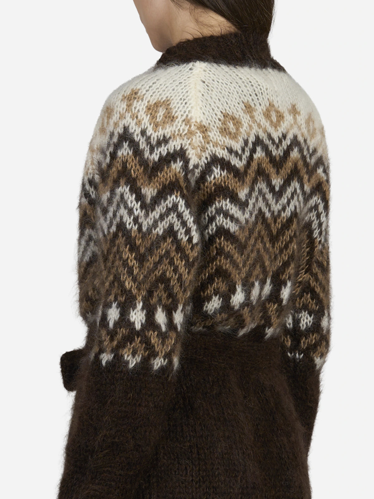 Cardigan Jane in lana jacquard cioccolato - indossato, vista alternativa