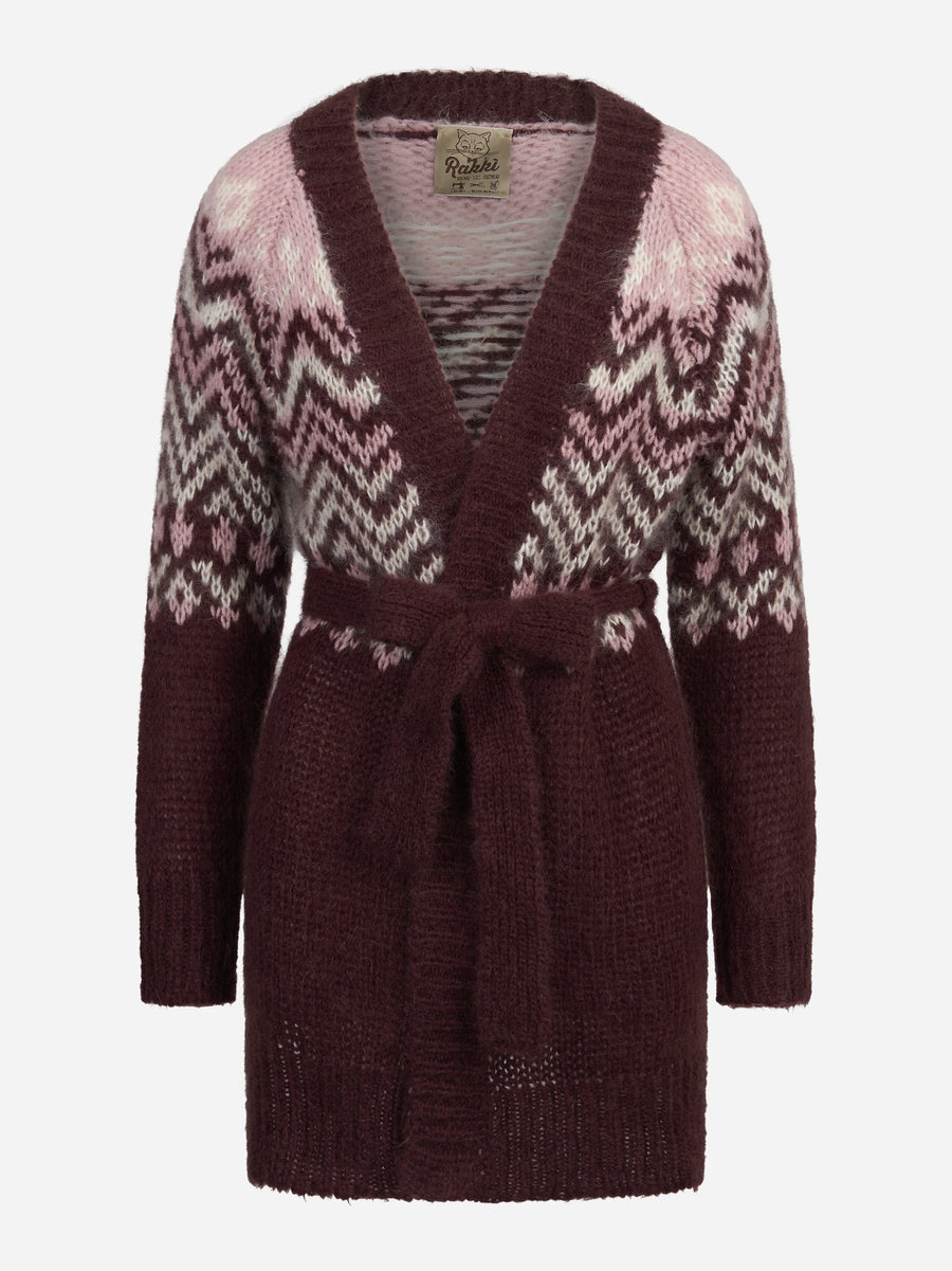 Cardigan Jane in lana jacquard prugna - vista frontale
