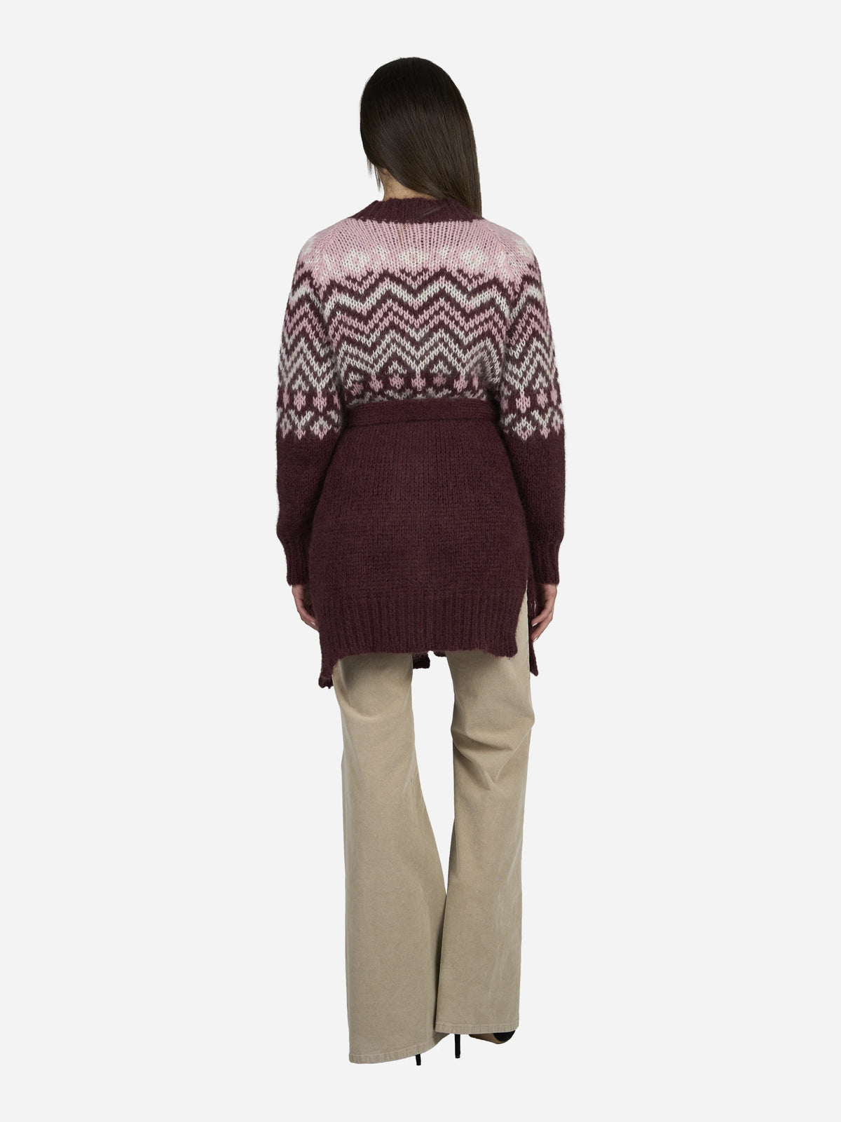 Cardigan Jane in lana jacquard prugna - indossato, vista posteriore