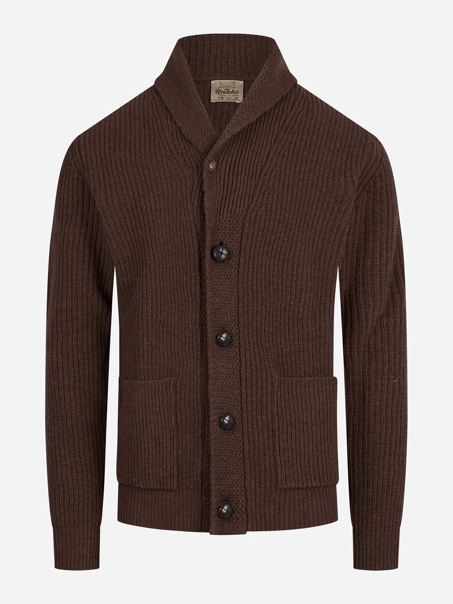 Cardigan Renegade con collo sciallato cioccolato RAKKÌ - vista frontale