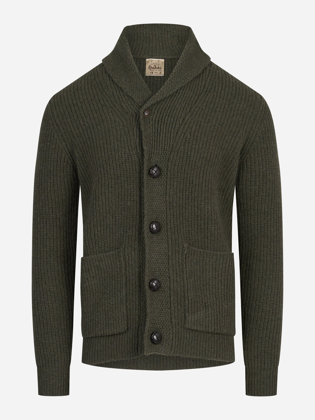 Cardigan Renegade con collo sciallato verde militare RAKKÌ - vista frontale