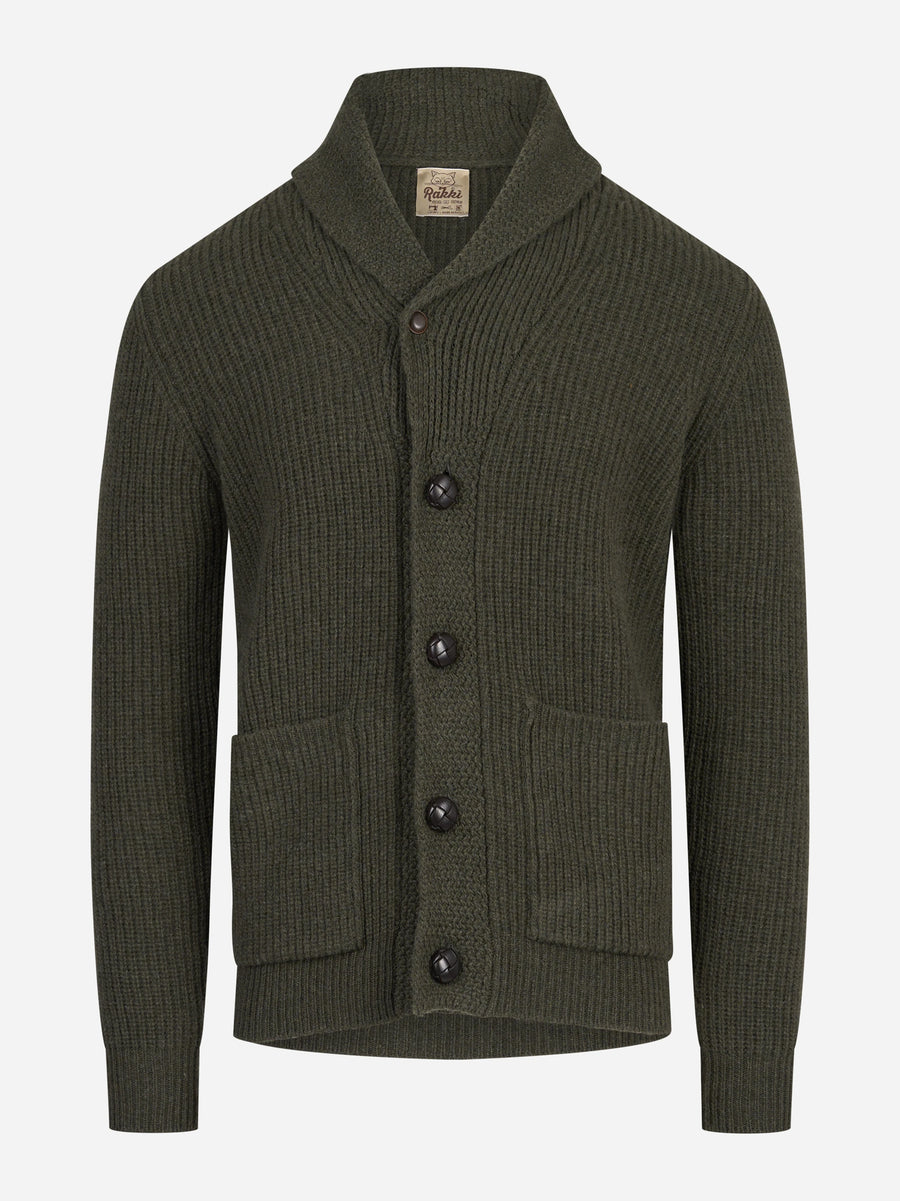 Cardigan Renegade con collo sciallato verde militare RAKKÌ - vista frontale