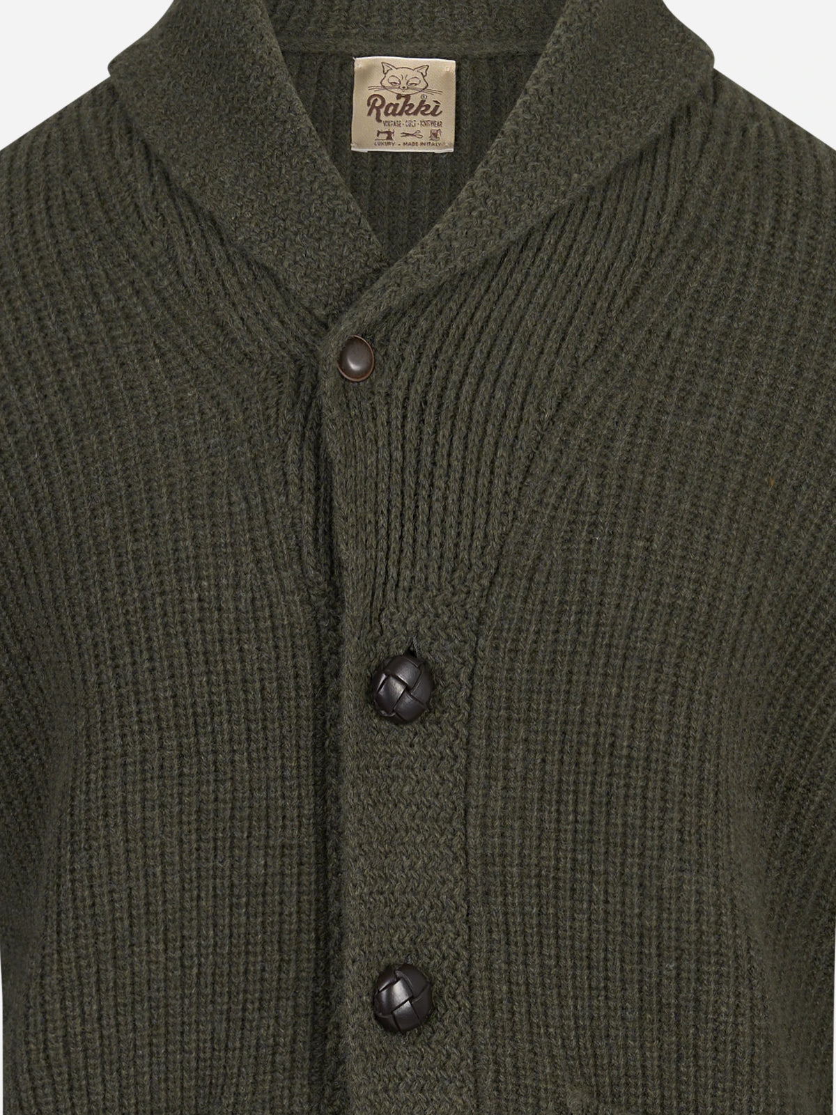 Cardigan Renegade con collo sciallato verde militare RAKKÌ - dettaglio