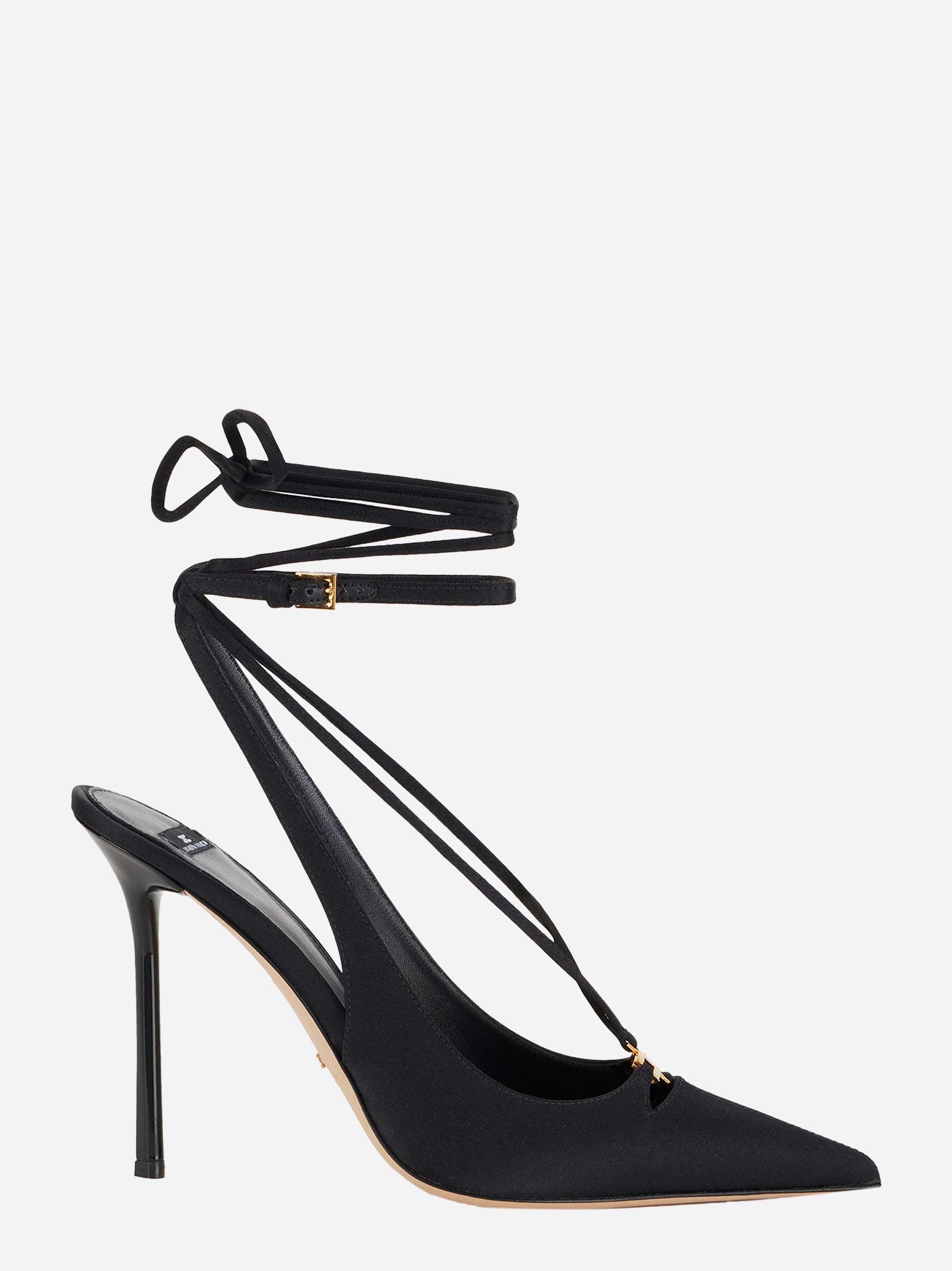 Slingback Elisabetta Franchi in raso nero con lacci alla caviglia e logo croce dorato