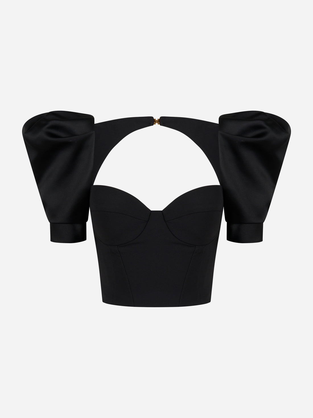 Top bustier nero in crêpe con maniche voluminose in duchesse e scollo strutturato – vista frontale – Elisabetta Franchi