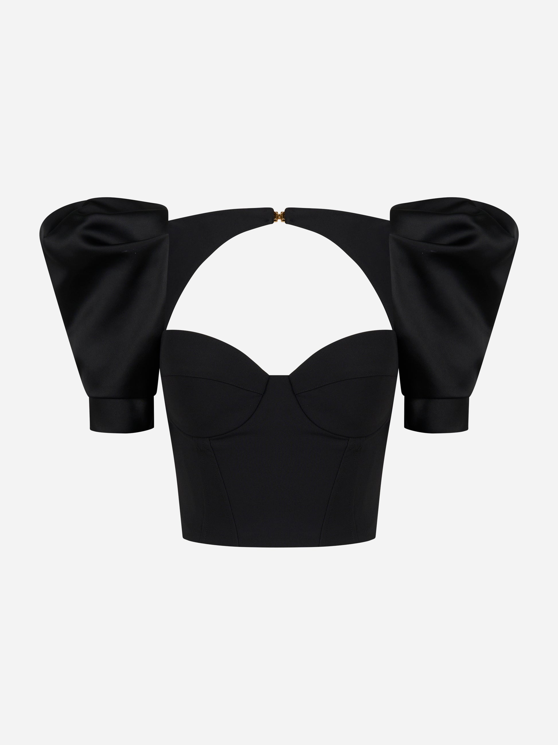Top bustier nero in crêpe con maniche voluminose in duchesse e scollo strutturato – vista frontale – Elisabetta Franchi