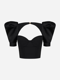 Top bustier nero in crêpe con maniche voluminose in duchesse e scollo strutturato – vista frontale – Elisabetta Franchi