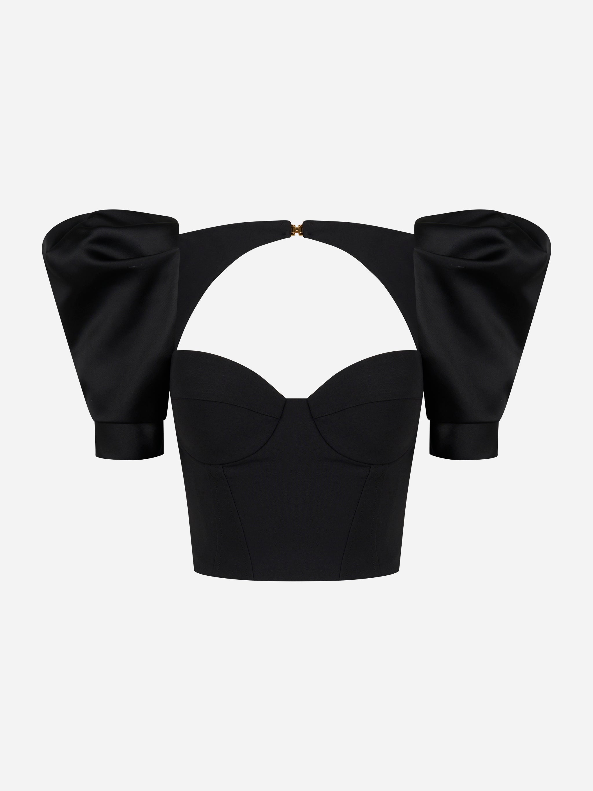 Top bustier nero in crêpe con maniche voluminose in duchesse e scollo strutturato – vista frontale – Elisabetta Franchi