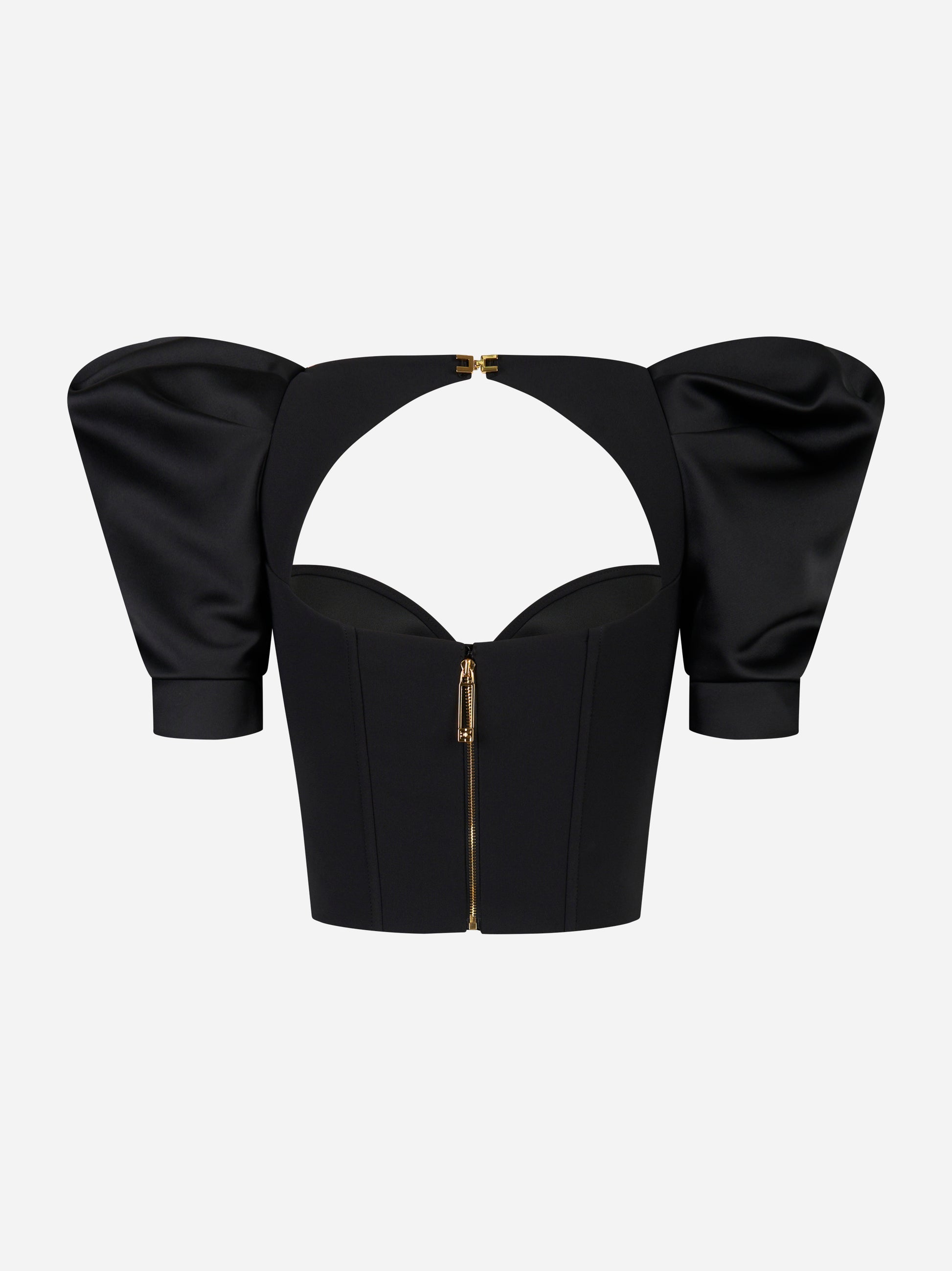 Top bustier nero con zip dorata e maniche ampie in duchesse – vista posteriore – Elisabetta Franchi