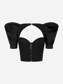 Top bustier nero con zip dorata e maniche ampie in duchesse – vista posteriore – Elisabetta Franchi