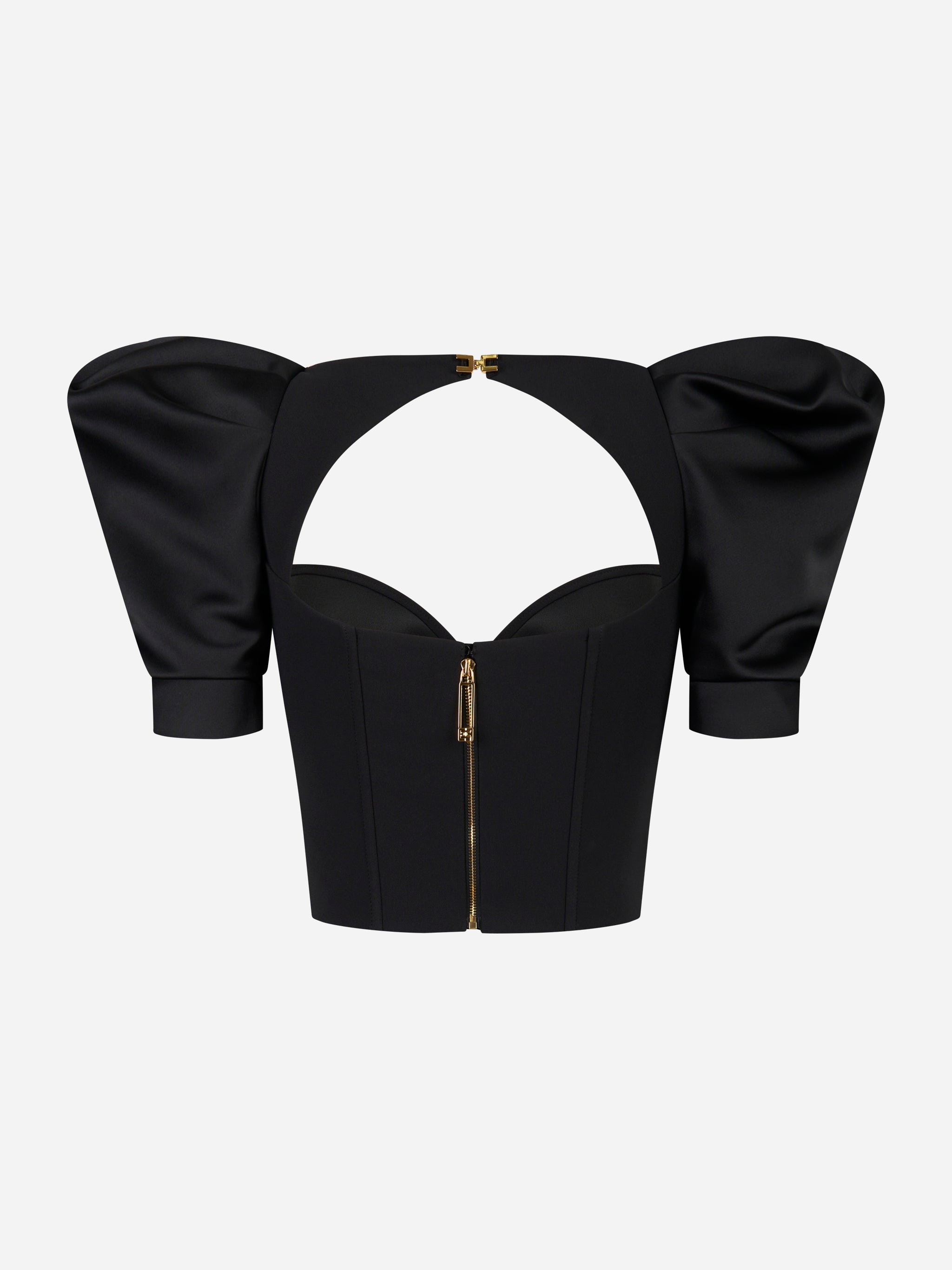 Top bustier nero con zip dorata e maniche ampie in duchesse – vista posteriore – Elisabetta Franchi
