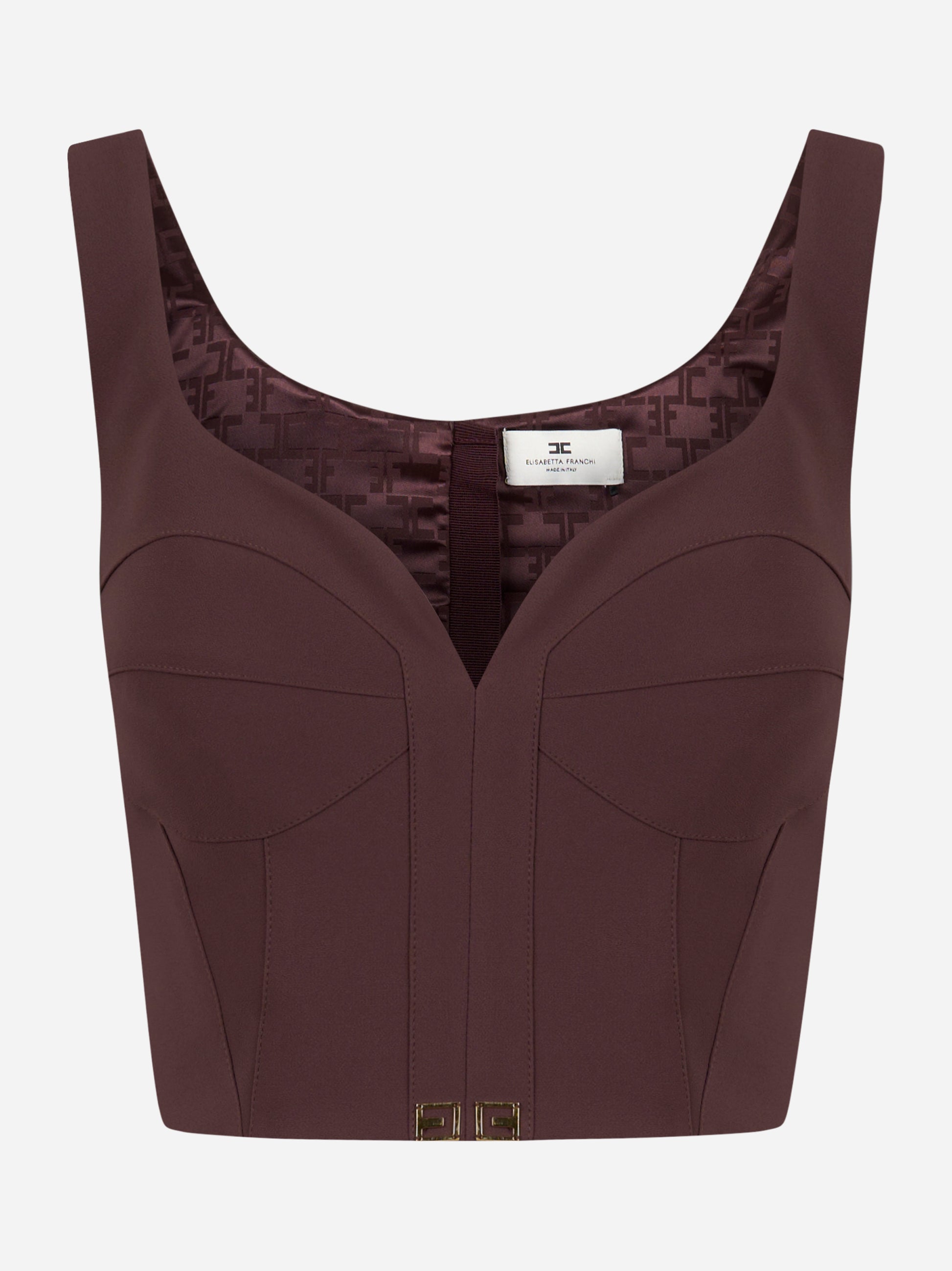 Top bustier Elisabetta Franchi vinaccia con scollo a cuore e dettagli logo dorati, vista frontale