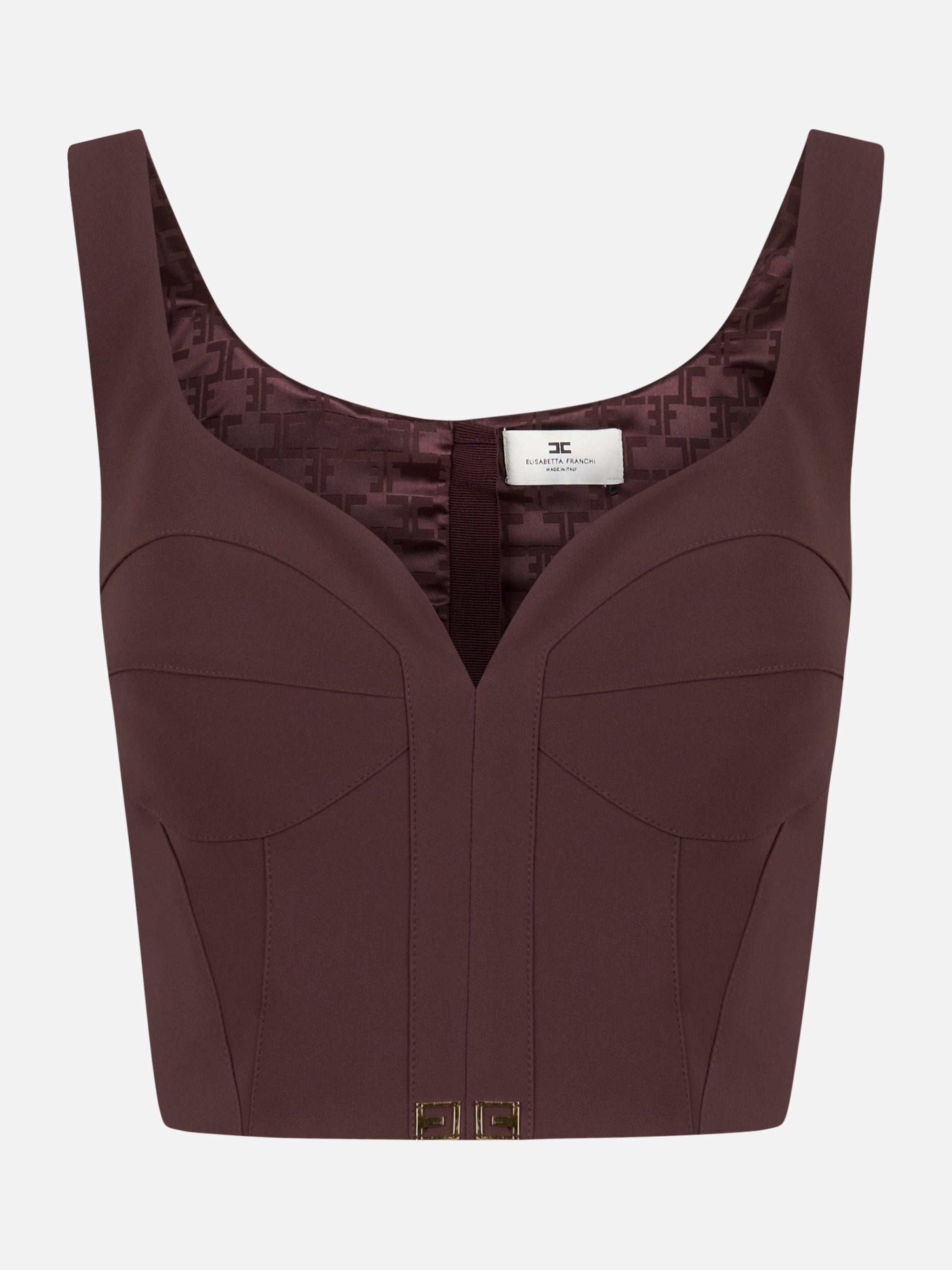 Top bustier Elisabetta Franchi vinaccia con scollo a cuore e dettagli logo dorati, vista frontale