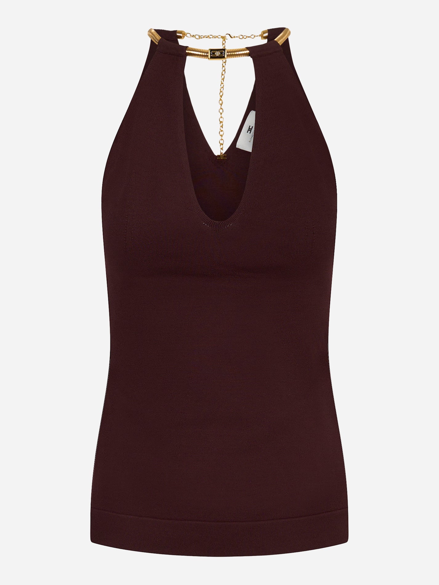 Top smanicato Elisabetta Franchi con catena gioiello e scollo profondo