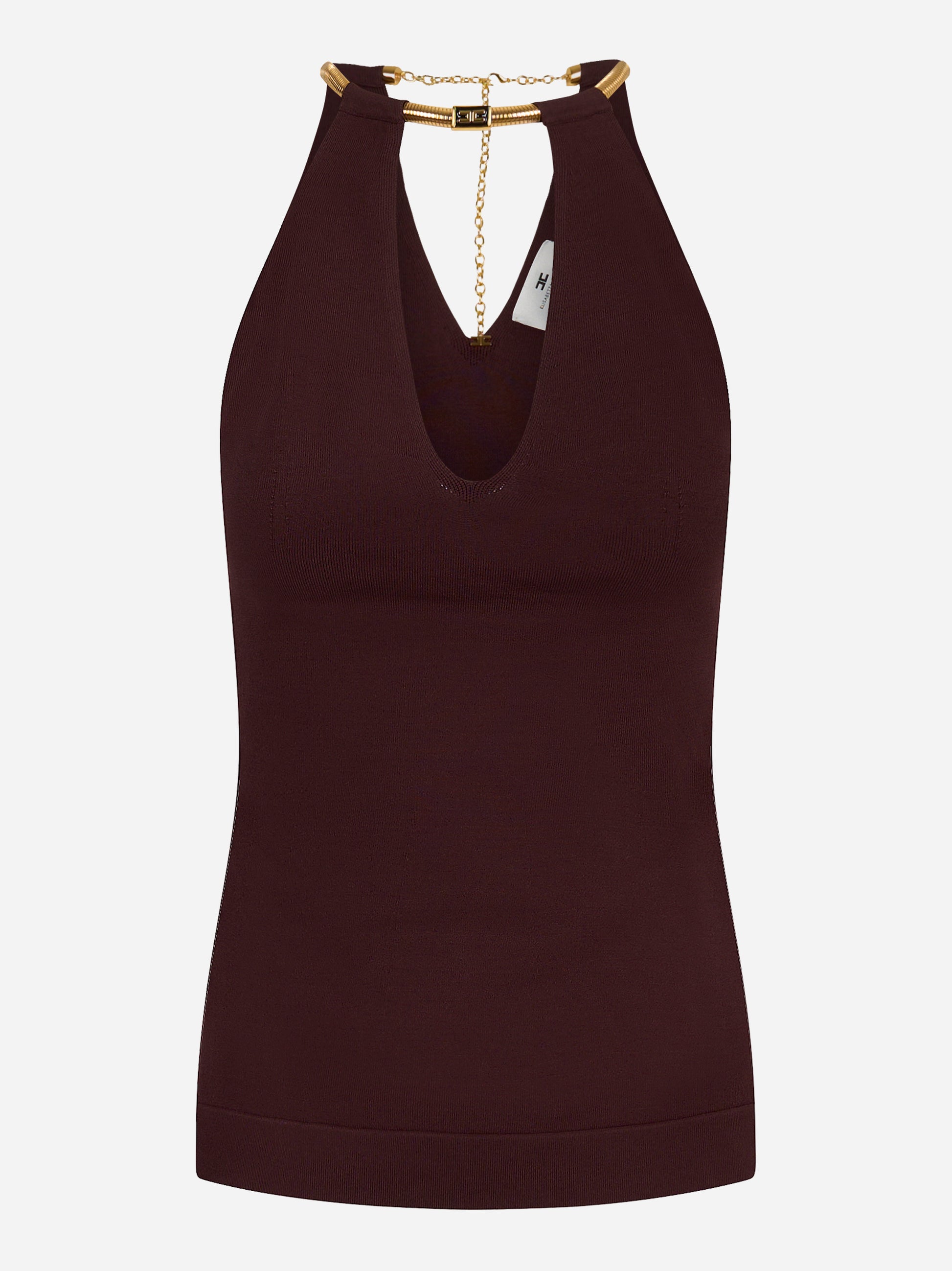 Top smanicato Elisabetta Franchi con catena gioiello e scollo profondo