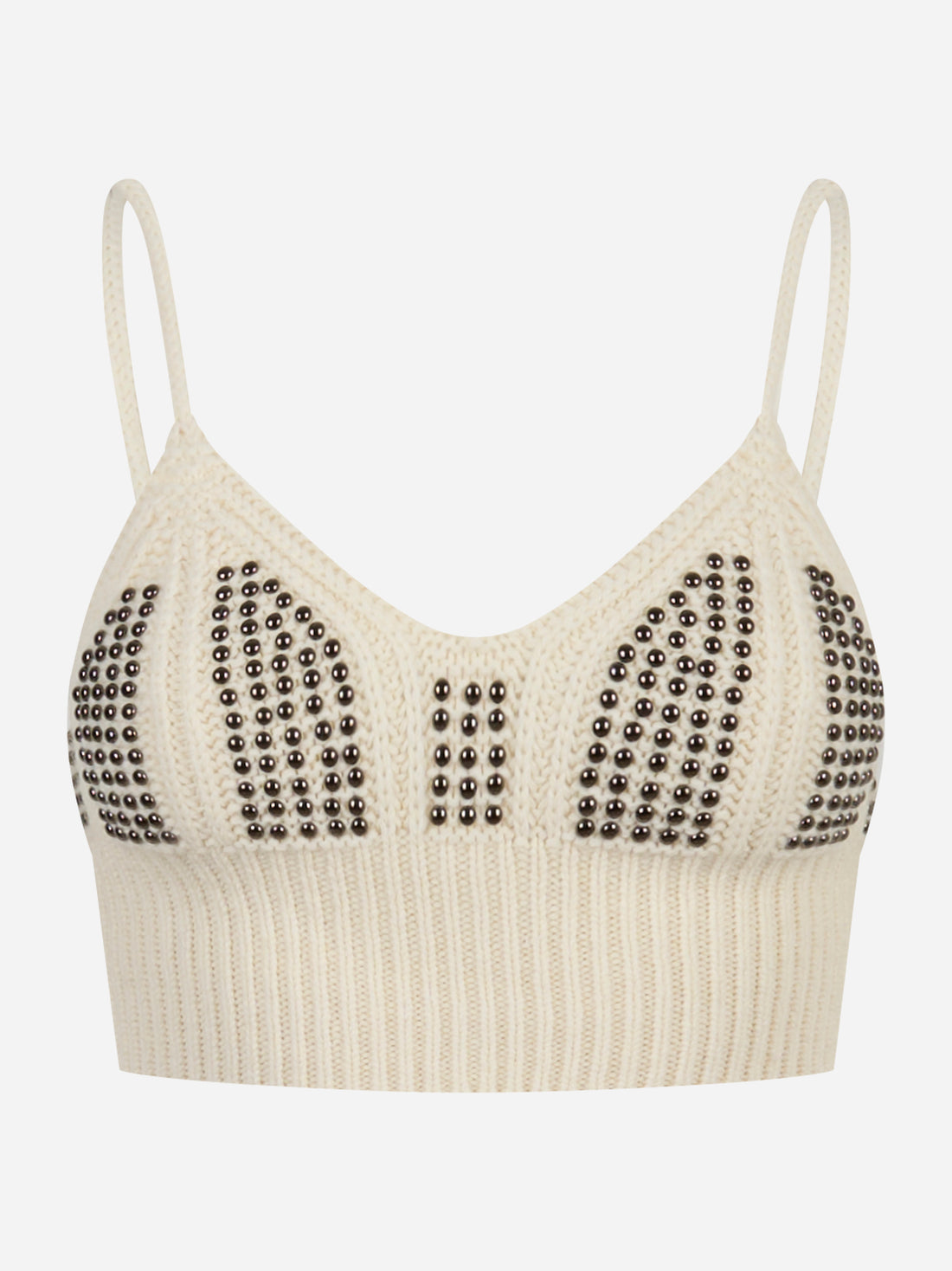 Top in maglia panna con borchie decorative di LANEUS - vista frontale