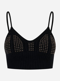 Top nero in maglia con borchie Laneus visto frontale