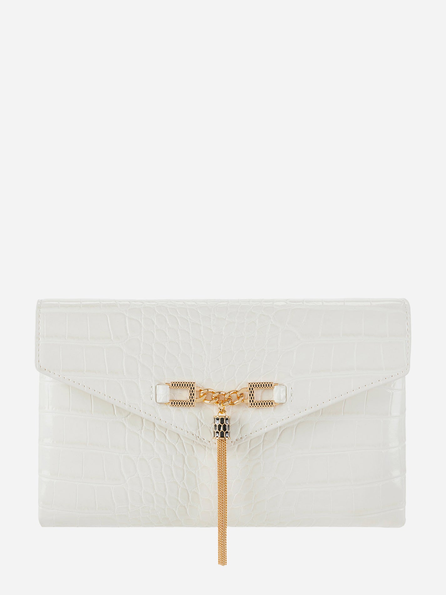 Borsa tracolla Elisabetta Franchi bianca effetto coccodrillo con frangia dorata e catena