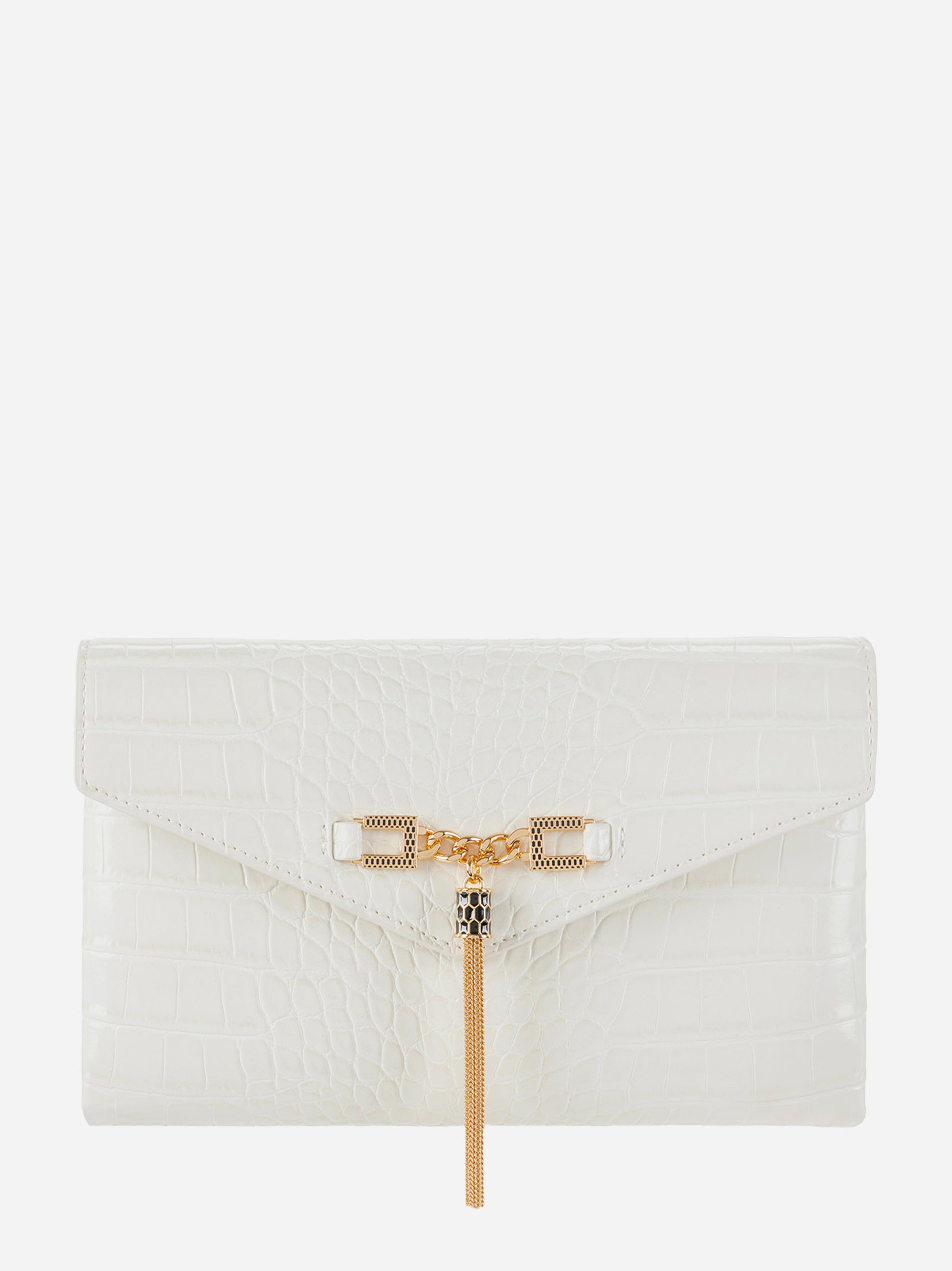 Borsa tracolla Elisabetta Franchi bianca effetto coccodrillo con frangia dorata e catena