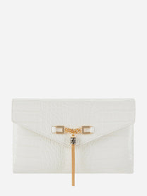 Borsa tracolla Elisabetta Franchi bianca effetto coccodrillo con frangia dorata e catena