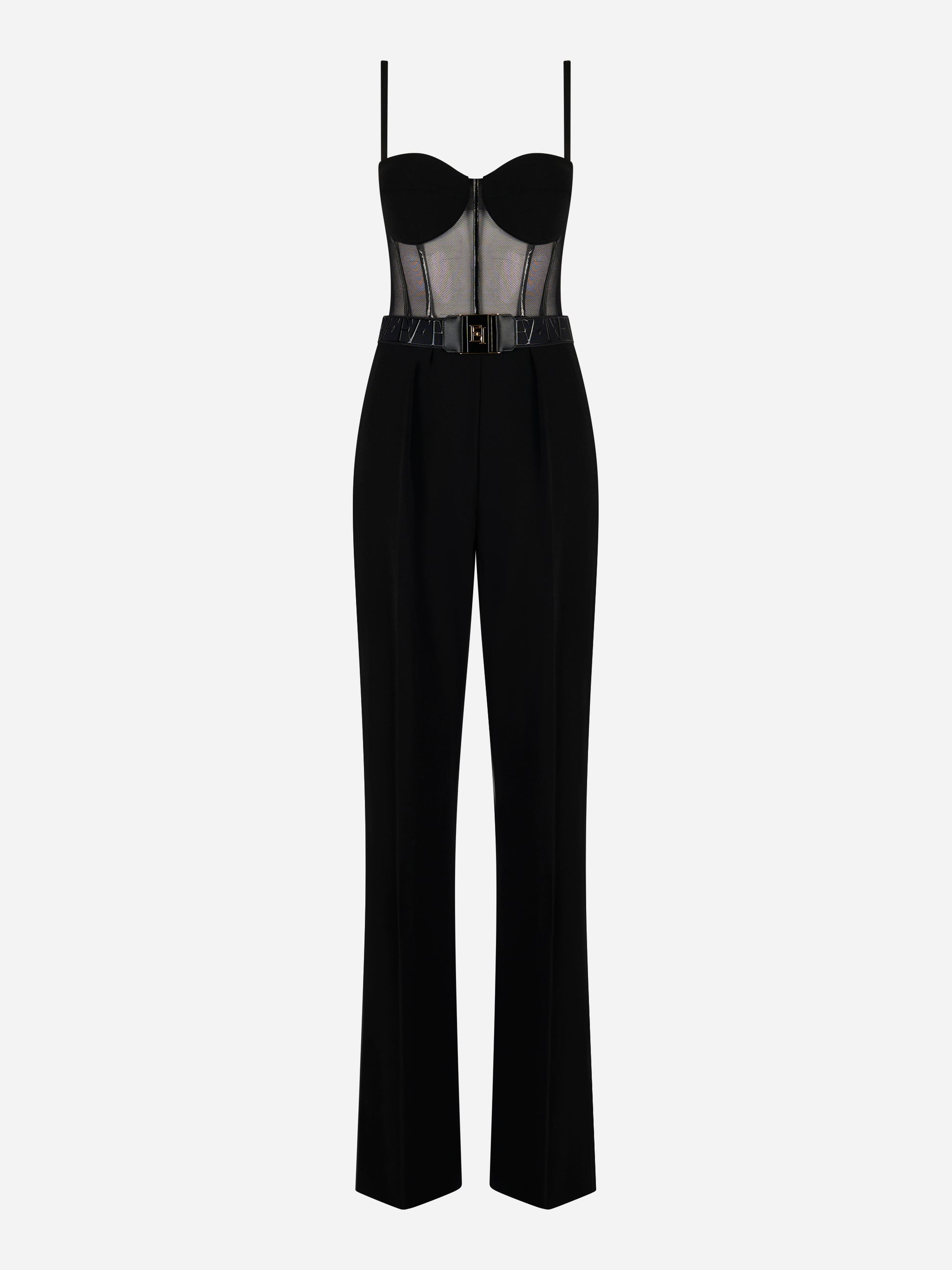 uta nera in crepe leggero e tulle con bustier trasparente e cintura logata vista frontale Elisabetta Franchi