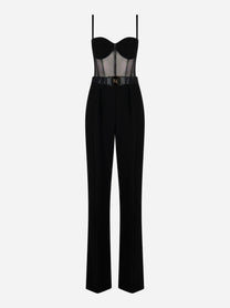 uta nera in crepe leggero e tulle con bustier trasparente e cintura logata vista frontale Elisabetta Franchi