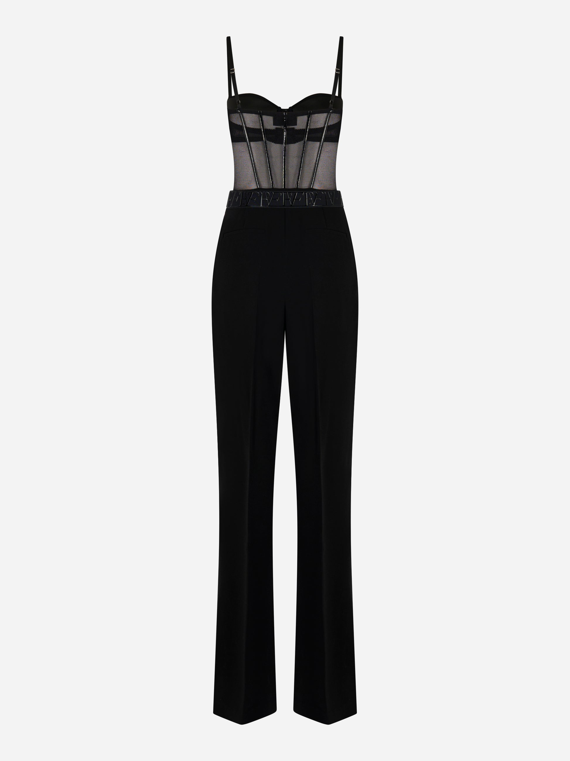 Tuta elegante nera in crepe leggero e tulle con schiena scoperta e cintura logata vista posteriore Elisabetta Franchi