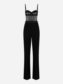 Tuta elegante nera in crepe leggero e tulle con schiena scoperta e cintura logata vista posteriore Elisabetta Franchi