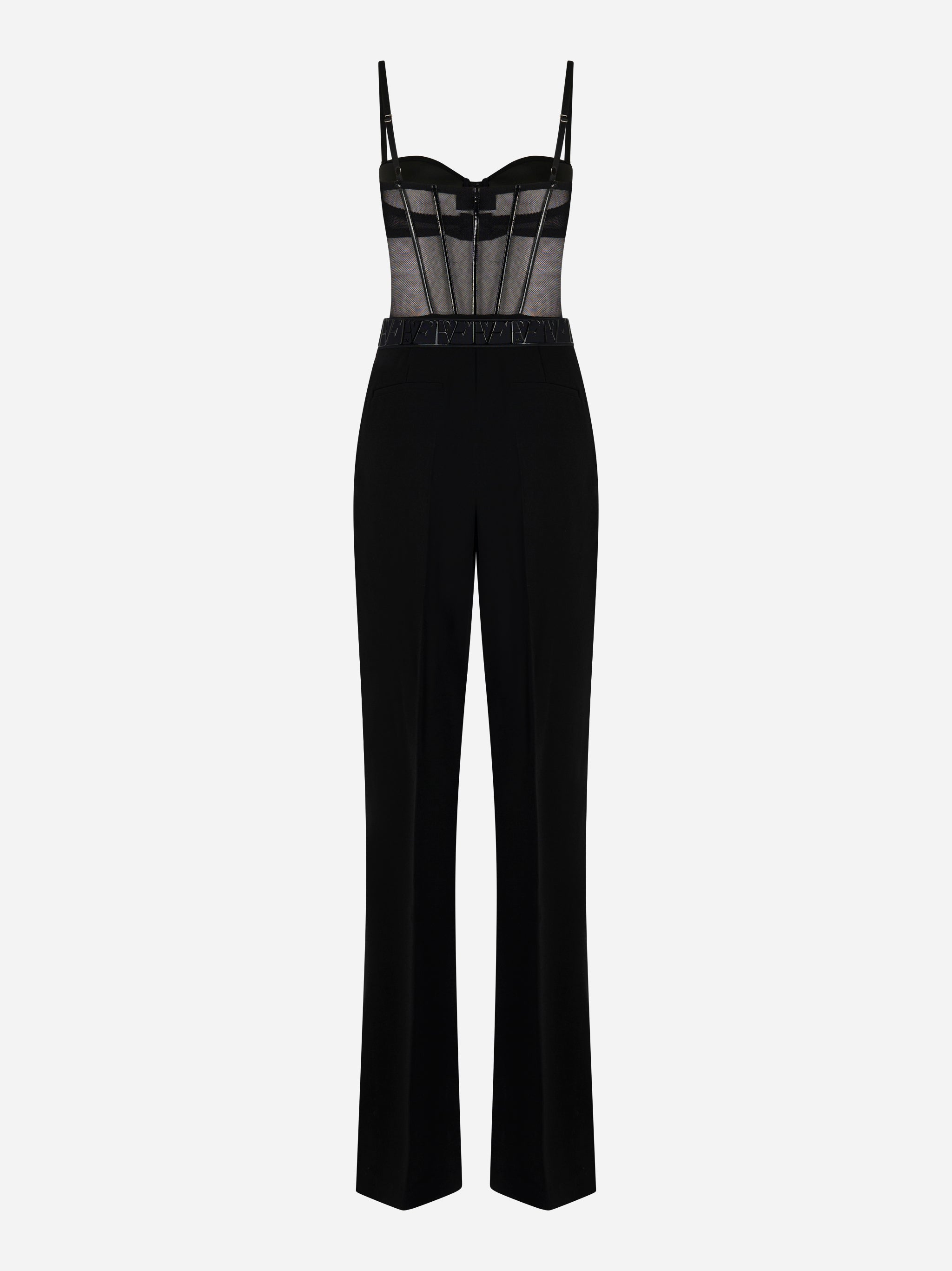 Tuta elegante nera in crepe leggero e tulle con schiena scoperta e cintura logata vista posteriore Elisabetta Franchi