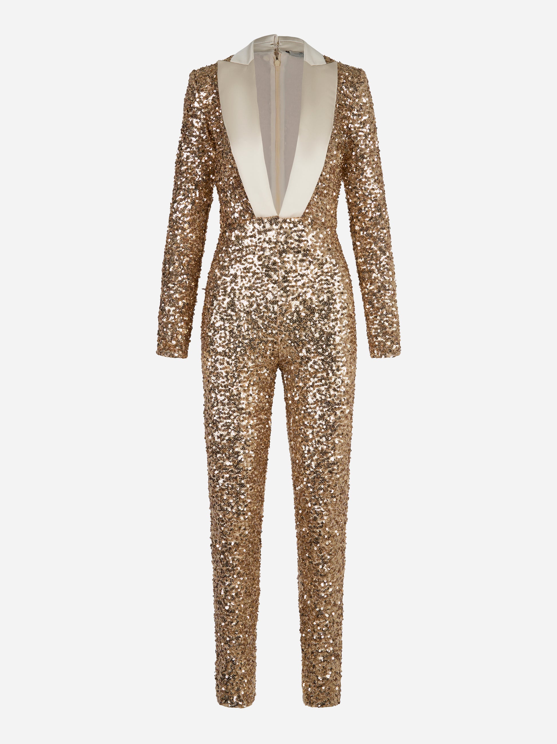 Tuta Red Carpet oro con paillettes e scollo smoking Elisabetta Franchi