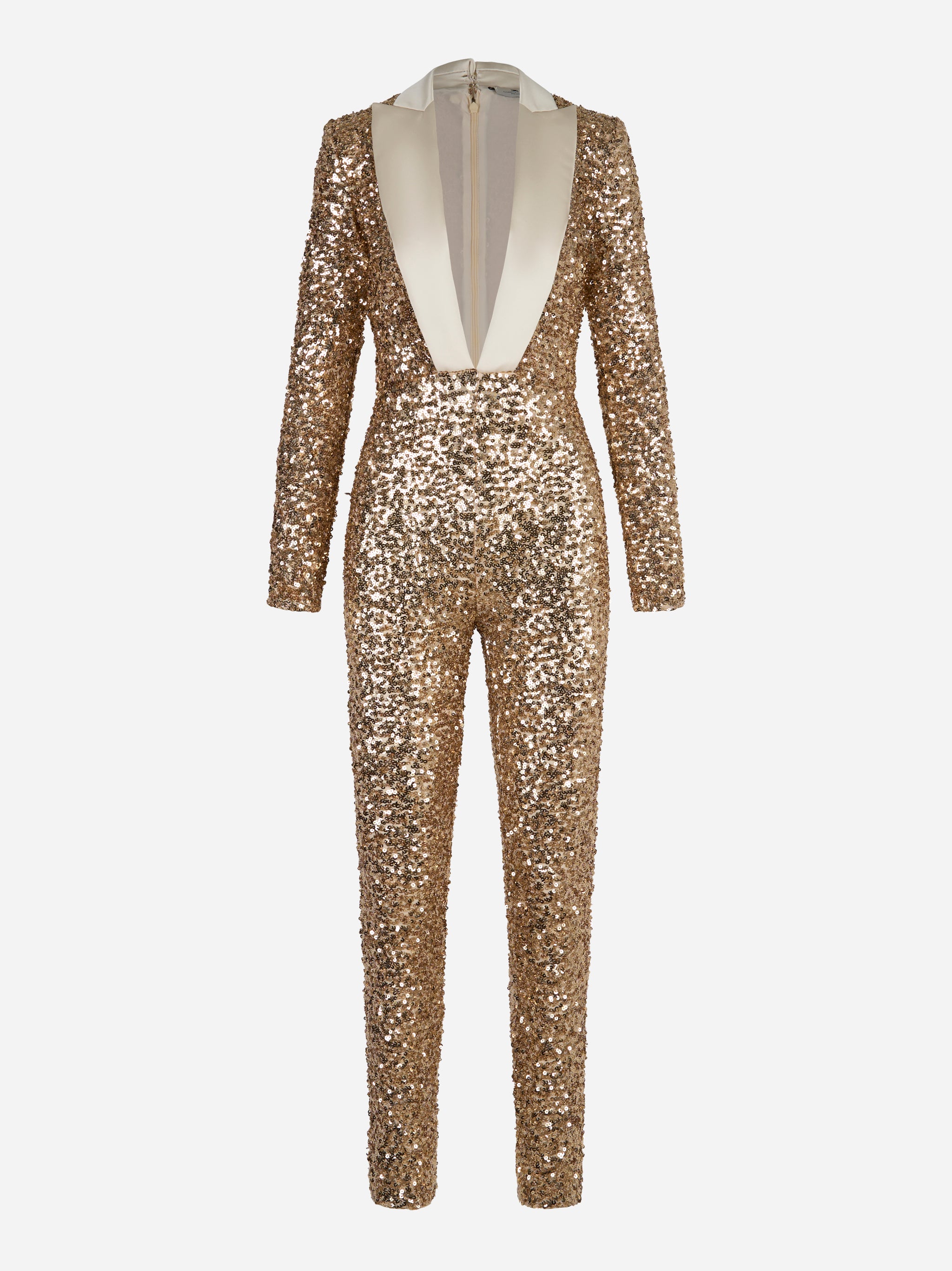 Tuta Red Carpet oro con paillettes e scollo smoking Elisabetta Franchi