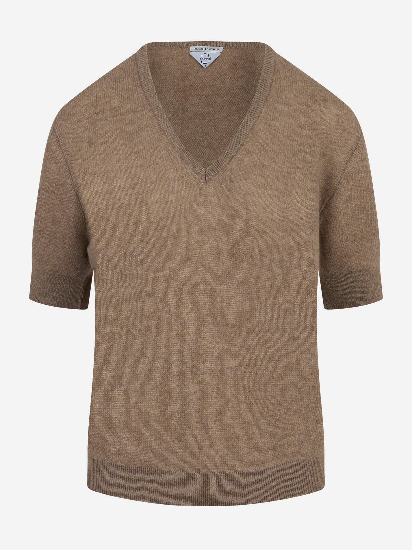 Maglia color cammello a manica corta in cashmere UNIVERSEL SPORT CHIC fronte