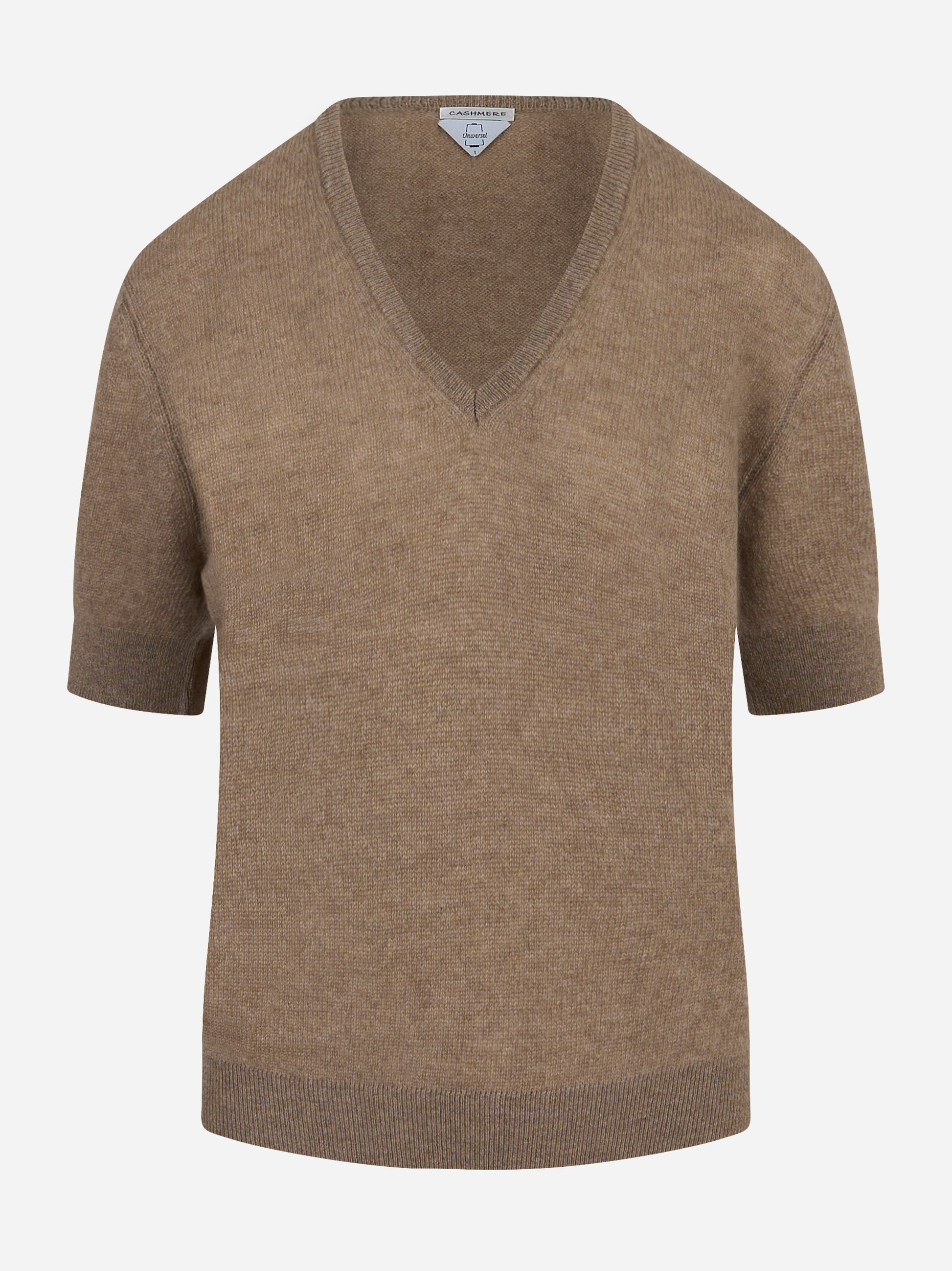 Maglia color cammello a manica corta in cashmere UNIVERSEL SPORT CHIC fronte