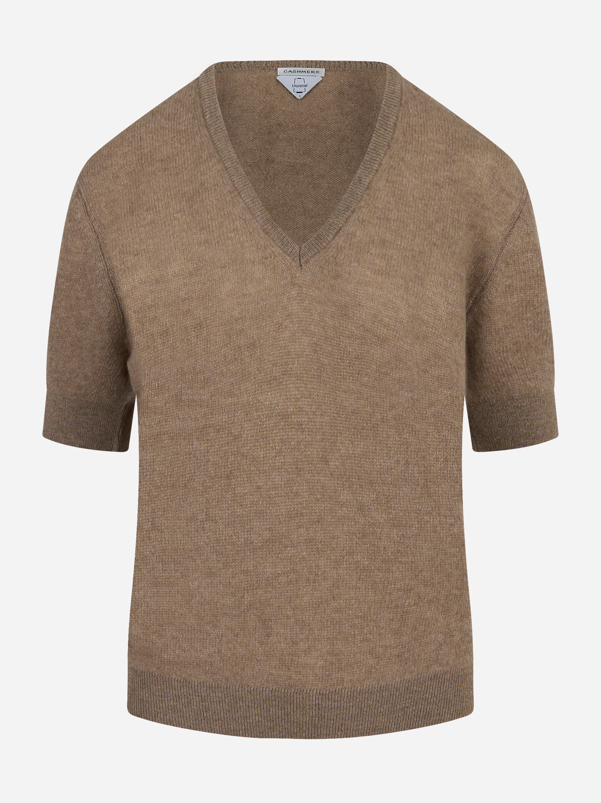Maglia color cammello a manica corta in cashmere UNIVERSEL SPORT CHIC fronte